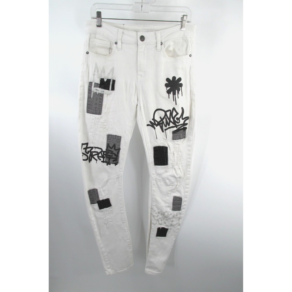 Rue21 Mens Tapered Skinny Jeans 30x32 White Urban Graffiti Patchwork Denim
